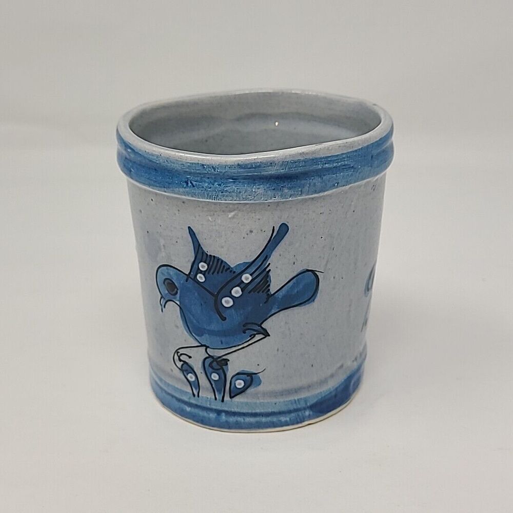 Vintage Tonala Mexico Mexican Pottery Blue Bird Cup Planter Mug Painted 3.5"